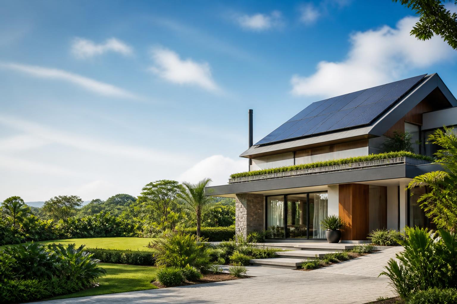 Casa moderna com placas solares instaladas no telhado